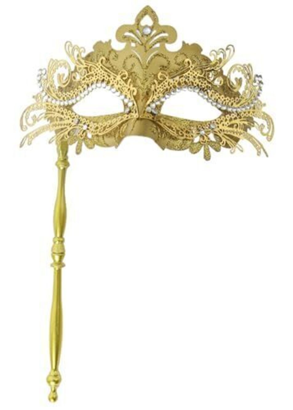 3330 Gold Masquerade Mask with Holding Stick Venetian Mask Mardi Gras